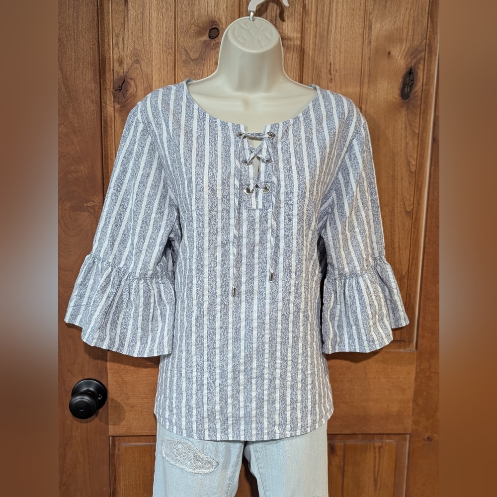 Calvin Klein Blue Striped Lace-Up Blouse